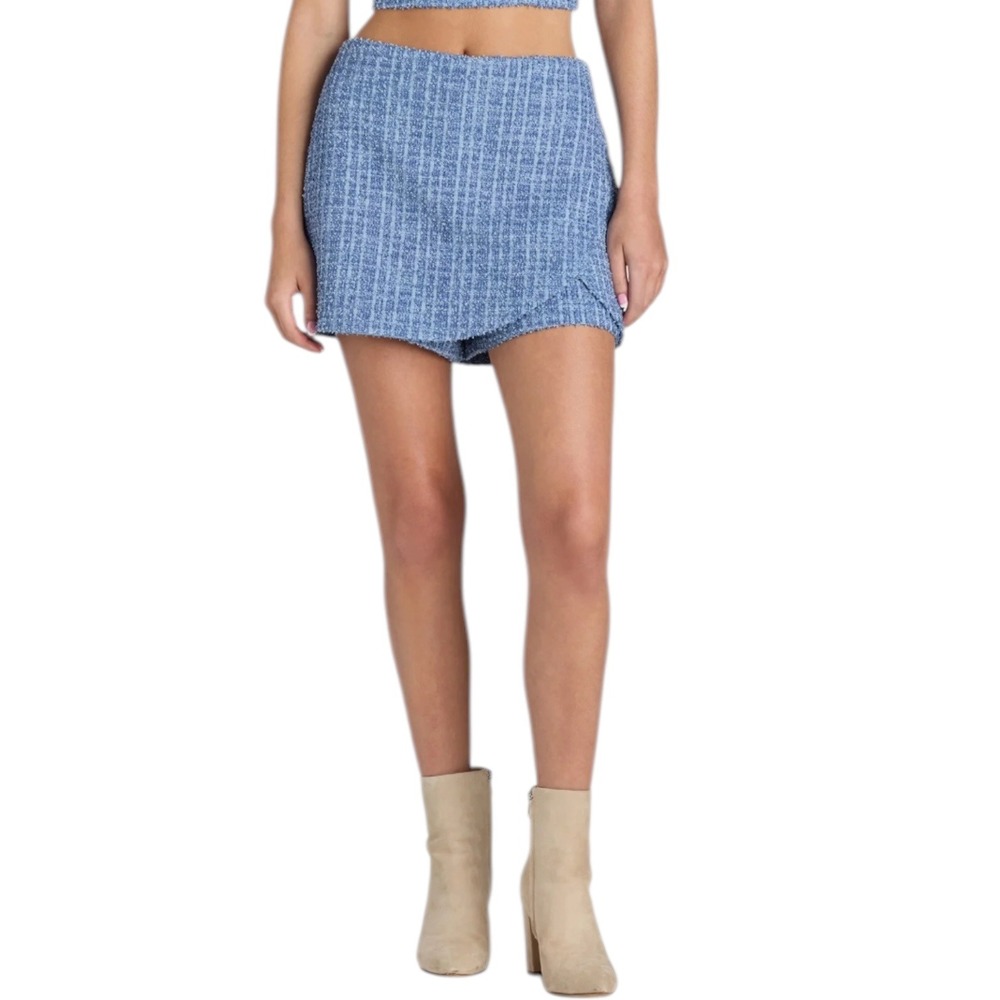 Madden NYC Blue Tweed Plaid Wrap Skort High Waisted Mini Skirt Women's Size XS